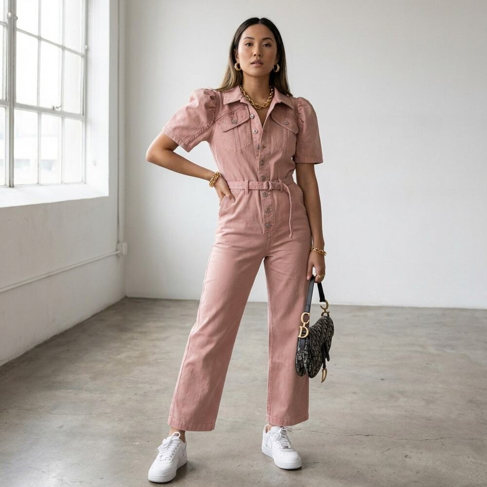 Sea NY Corbin Pink Short Sleeve Long Denim Jumpsuit, Size 10